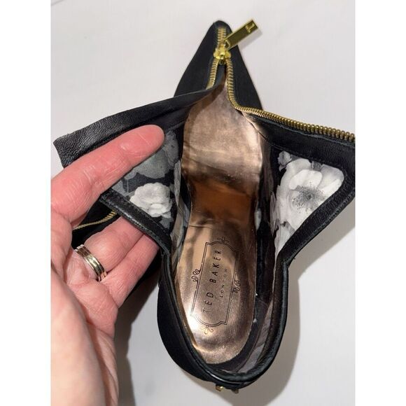 Ted Baker Millae Bootie Heels Black Suede Gold Zipper Stiletto Pointed 38.5/6 - Picture 15 of 16